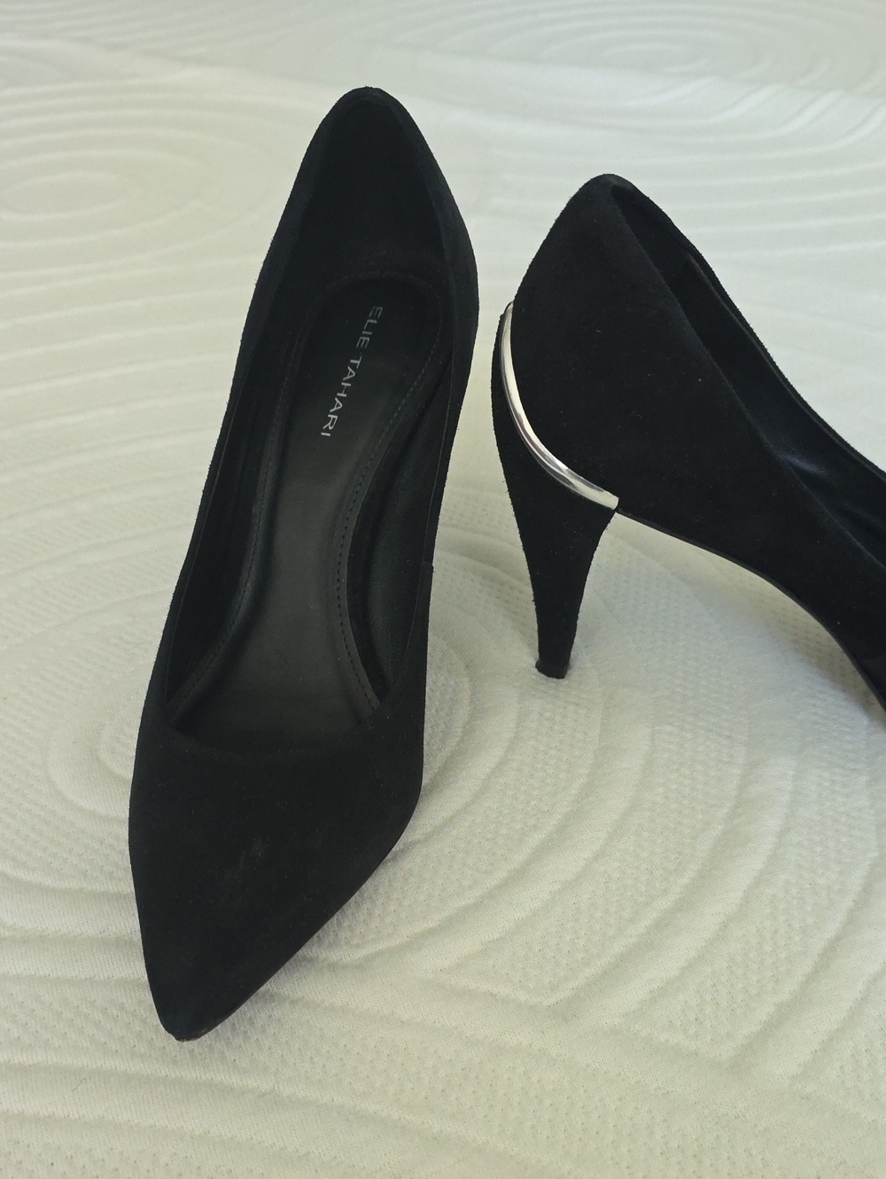 Elie Tahari Black Suede Pointed Toe Heels with Silver Accent